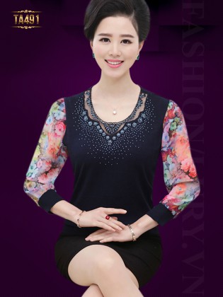 Áo len trung niên cao cấp cổ kết cườm tay voan phối TA491