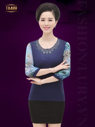 Áo len trung niên cao cấp cổ kết cườm tay phối hoa thời trang TA489