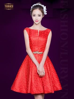 Đầm xòe dạ hội dáng ngắn kèm đai cao cấp màu đỏ