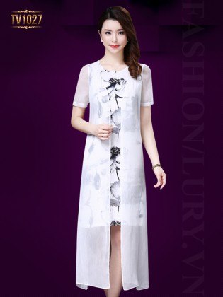 Set váy hoa + áo khoác mỏng dáng dài trang nhã TV1027