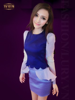 Set đầm tím áo phối màu chân váy peplum thời trang TV1076