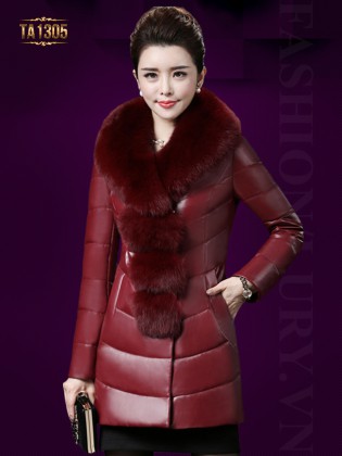 Áo phao khoác may trần cổ lông màu đỏ cao cấp TA1305