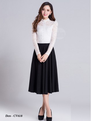 Chân váy midi xòe cạp chun CV618 (Màu đen)
