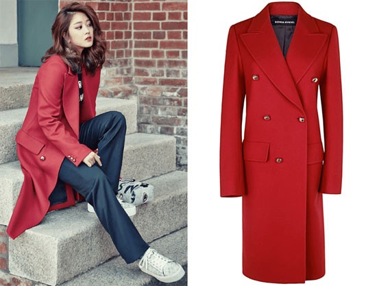  Chiếc áo khoác dạ màu đỏ thanh lịch của Jo Bo Ah có giá 42 triệu đồng của nhãn hiệu thời trang nổi tiếng Sonia Rykiel.
