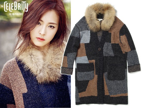 Lee Yeon Hee mua áo khoác dạ Hàn Quốc phối màu hình khối độc đáo với giá mềm hơn, khoảng 10 triệu đồng.