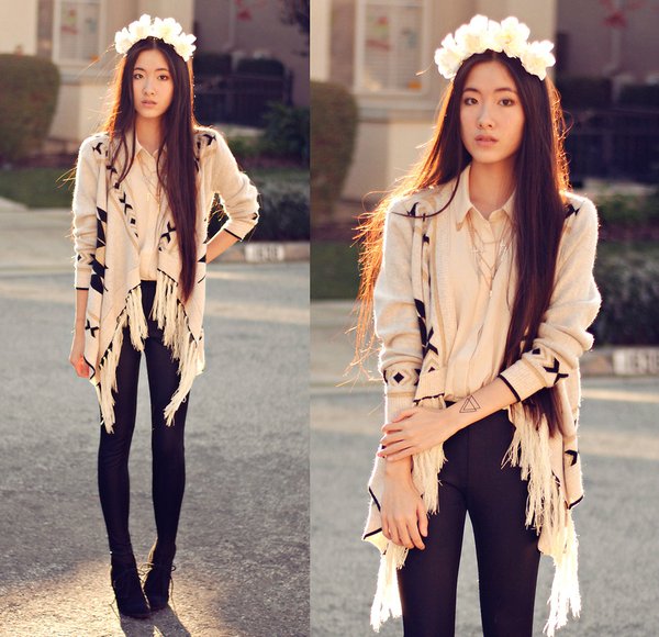  Phối màu nhẹ nhàng cùng áo khoác len nữ Hàn Quốc in họa tiết 