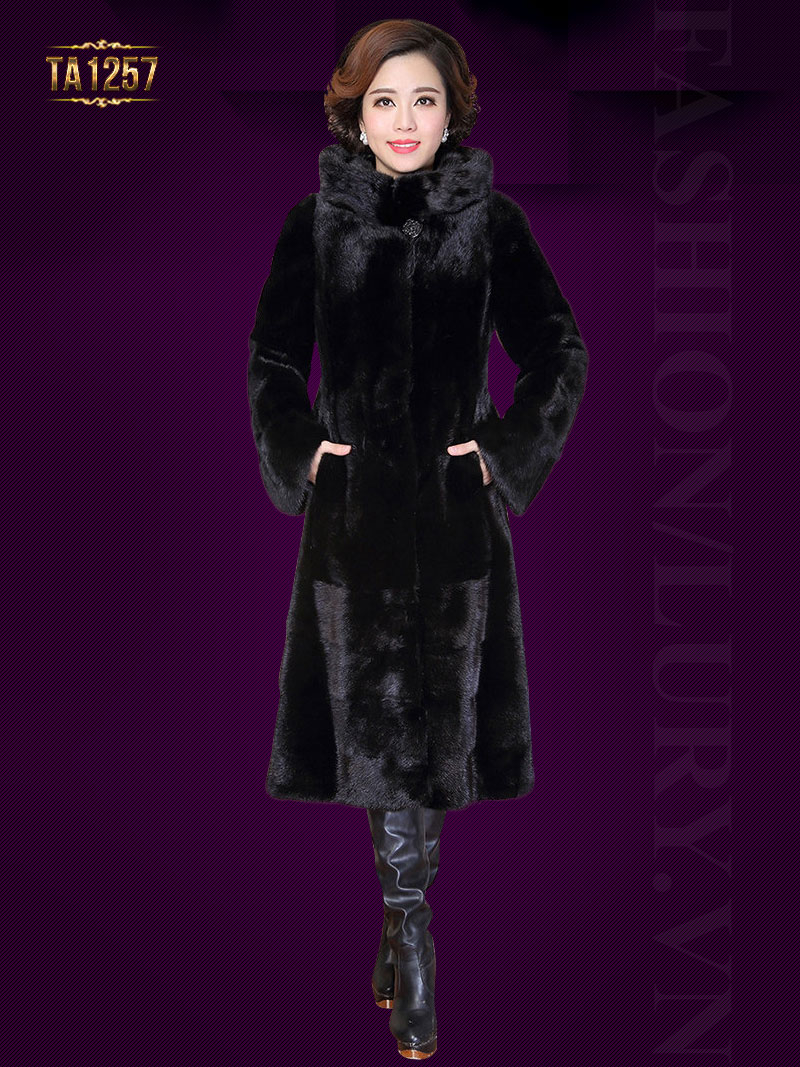 Áo khoác nhung lông màu đen dáng dài cổ trụ cao cấp
