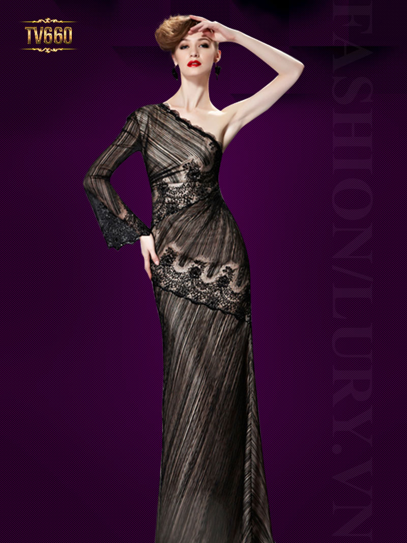 Đầm dạ hội  dài tay hàn quốc ren đen thiết kế