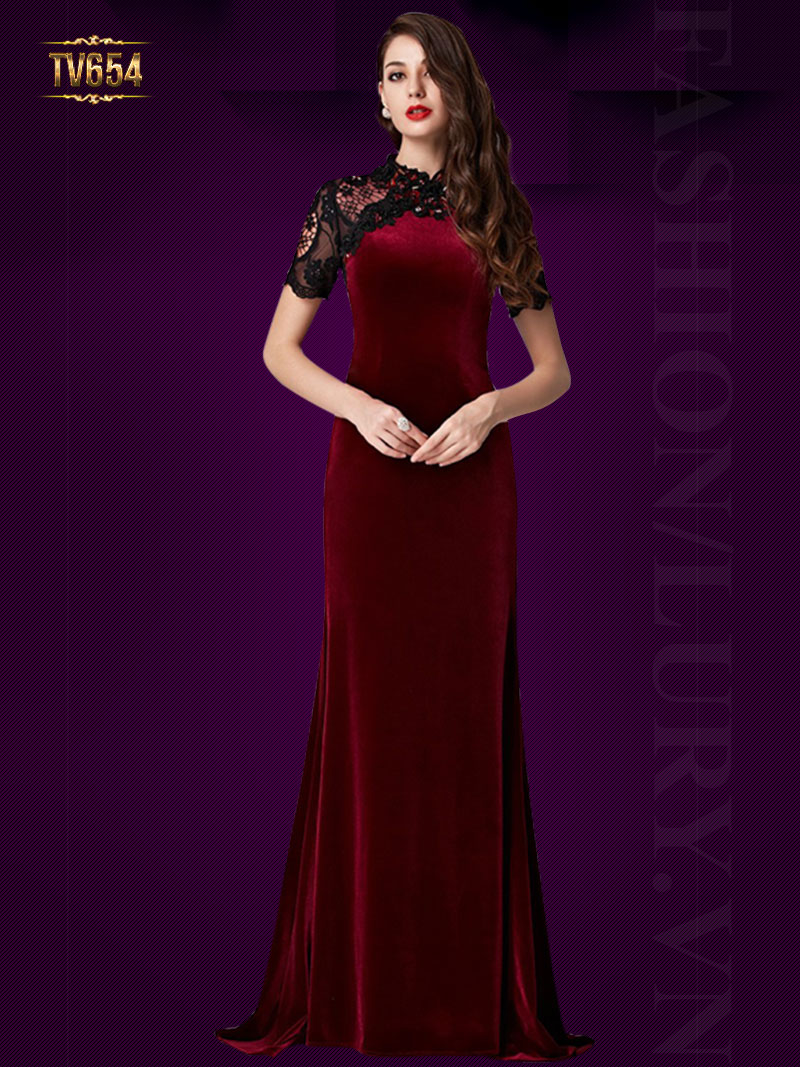 Đầm dạ hội dài tay hàn quốc cổ tàu phối hoa ren