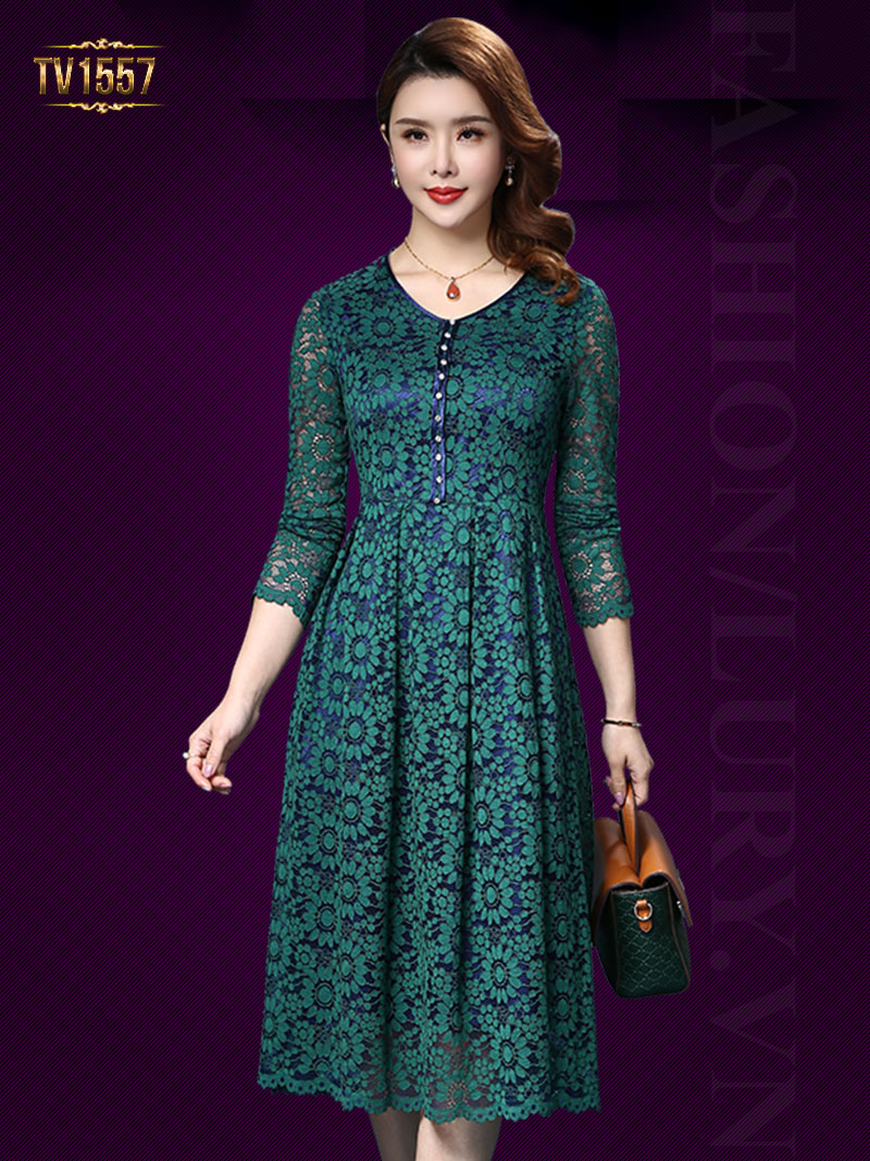  Mẫu váy đầm ren hoa xanh 2 lớp kết hợp khuy trước đơn giản nhưng rất phong cách TV1557
