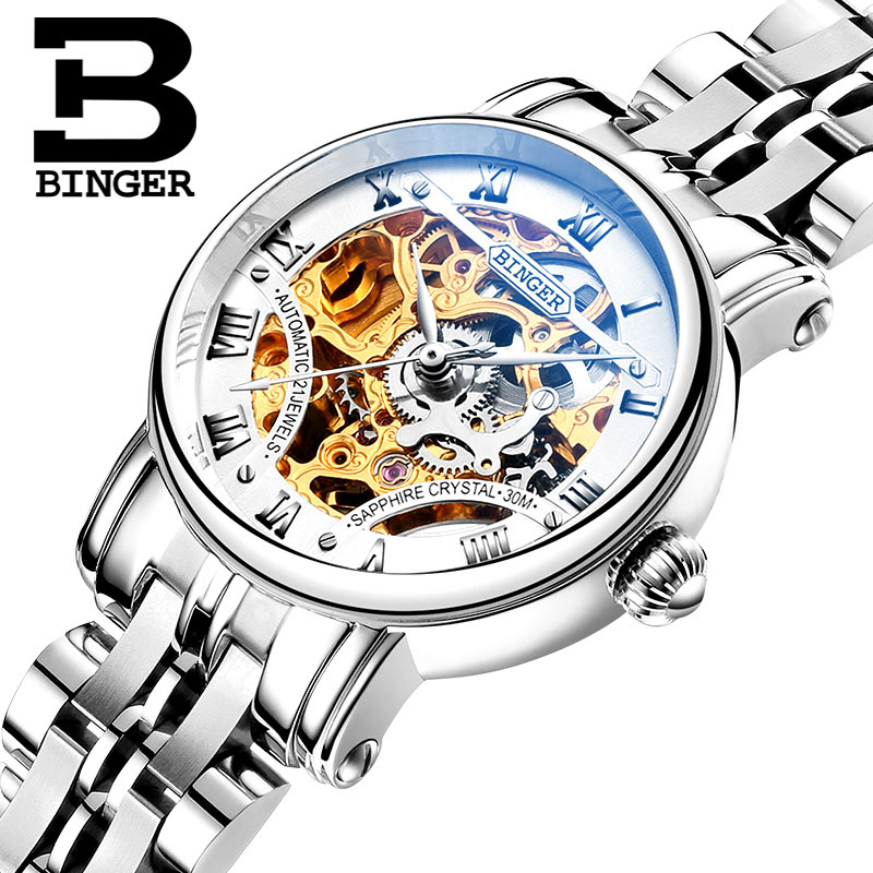 Đồng hồ cơ nữ Binger chính hãng cao cấp (dây kim loại) DH977 (Mặt bạc dây bạc)