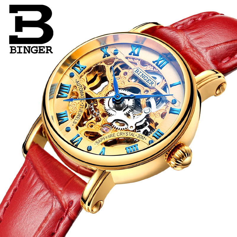 Đồng hồ cơ nữ Binger chính hãng cao cấp (dây da) DH977 (Mặt vàng dây đỏ)