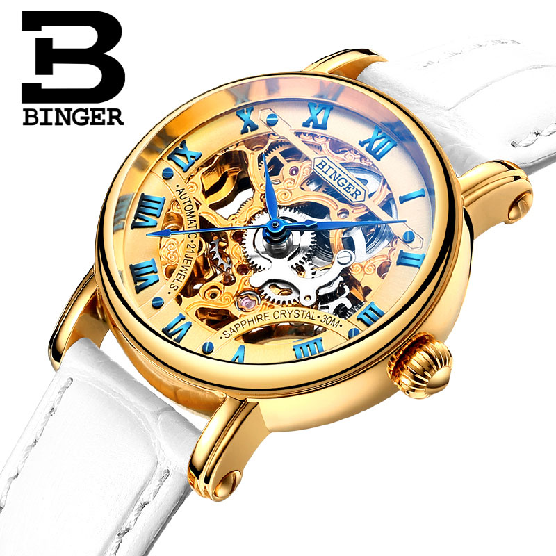 Đồng hồ cơ nữ Binger chính hãng cao cấp (dây da) DH977 (Mặt vàng dây trắng)