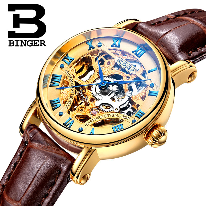 Đồng hồ cơ nữ Binger chính hãng cao cấp (dây da) DH977 (Mặt vàng dây nâu)