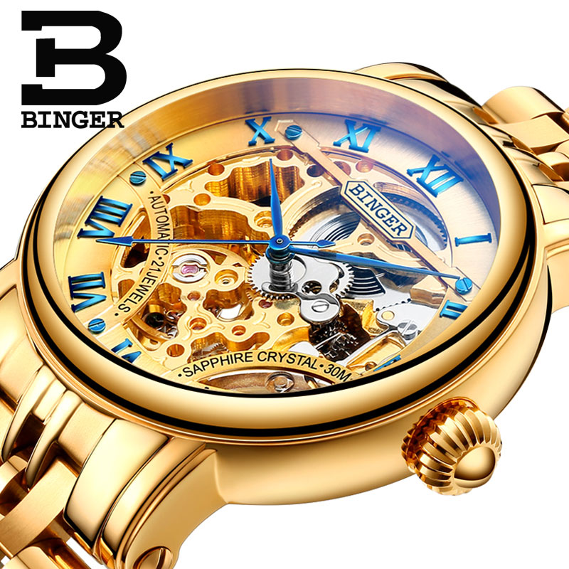 Đồng hồ cơ nam Binger chính hãng cao cấp (dây kim loại) DH976 (Mặt vàng dây vàng)