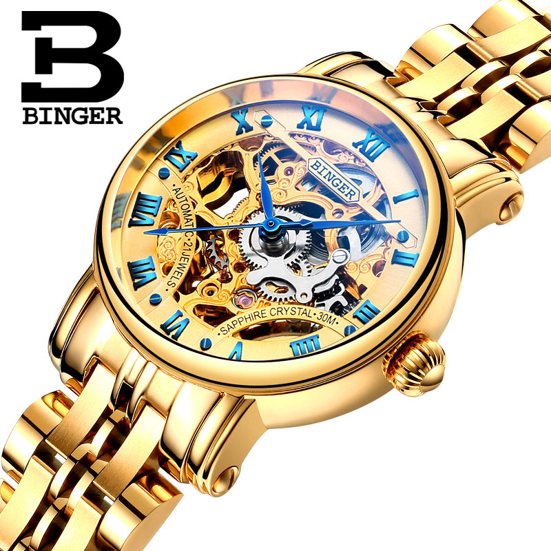 Đồng hồ cơ nữ Binger chính hãng cao cấp (dây kim loại) DH977 (Mặt vàng dây vàng)