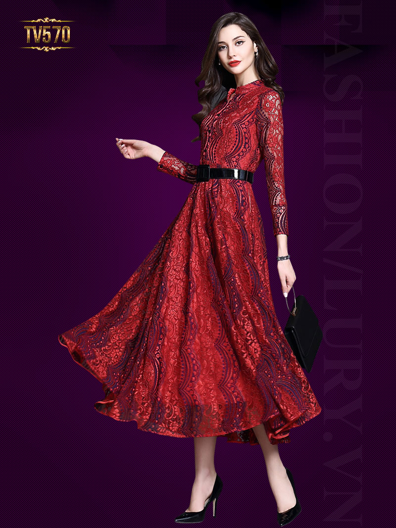 Đầm ren xòe dáng dài kèm đai đẹp TV570 (Màu đỏ)